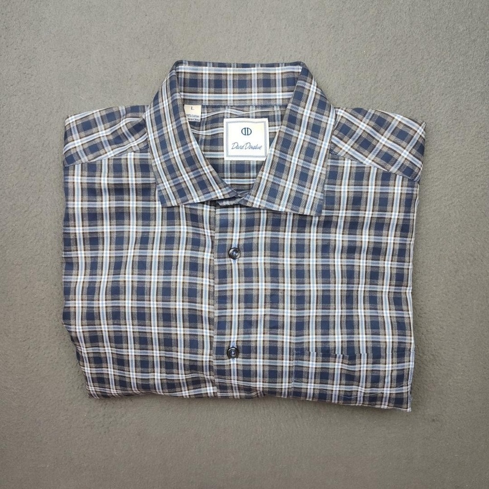 David Donahue Shirt Mens Large Blue Brown Plaid Long Sleeve Button Up Classic‎